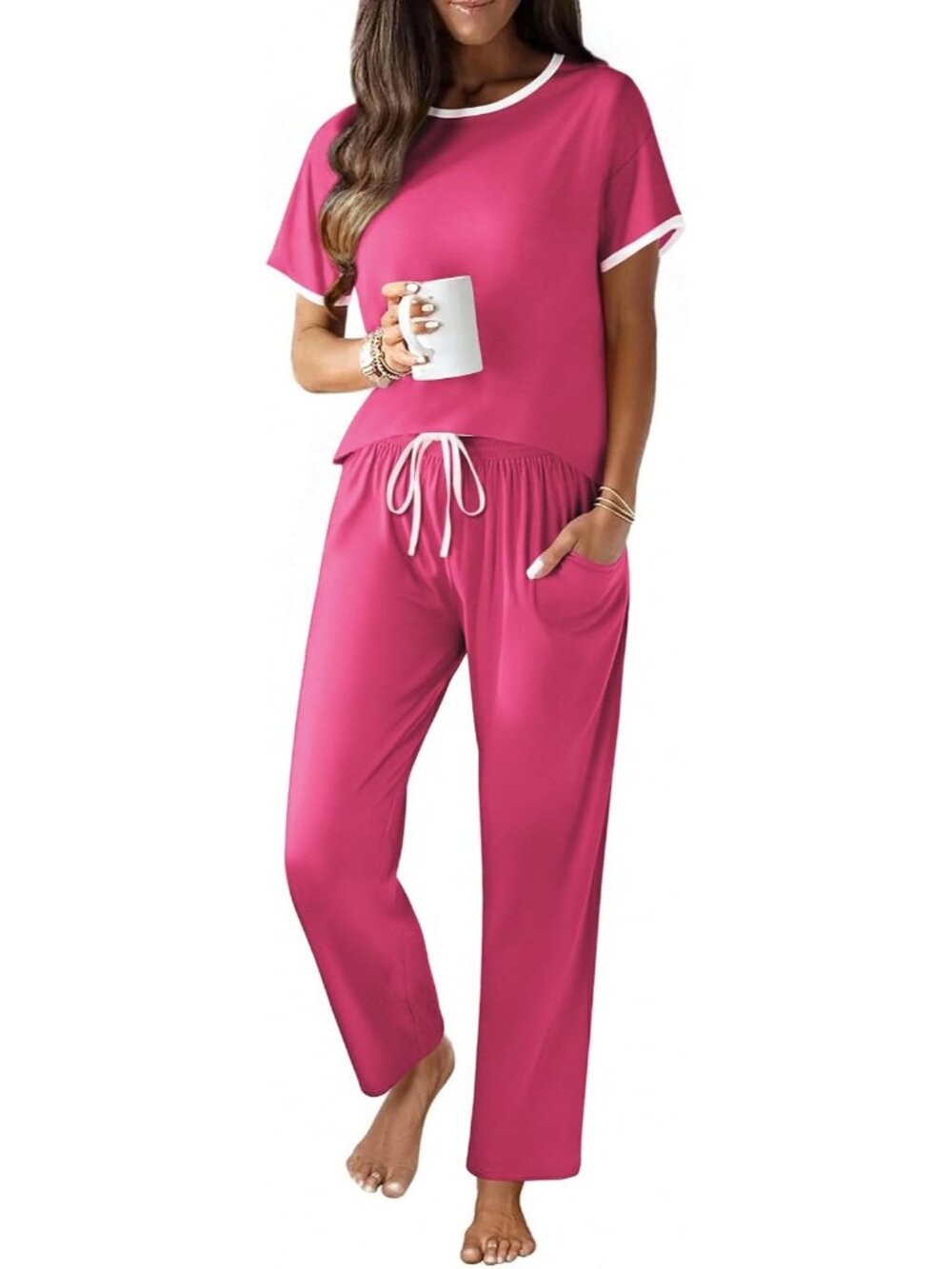 Women Rose Red Cotton Short Sleeve Shirt Soft Lounge 2 Piece Pajamas Sets